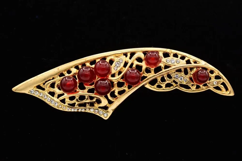 Vintage Cabochon Pin Brooch Red Rhinestone Crystal Gold Tone Ribbon 1990s BinAT